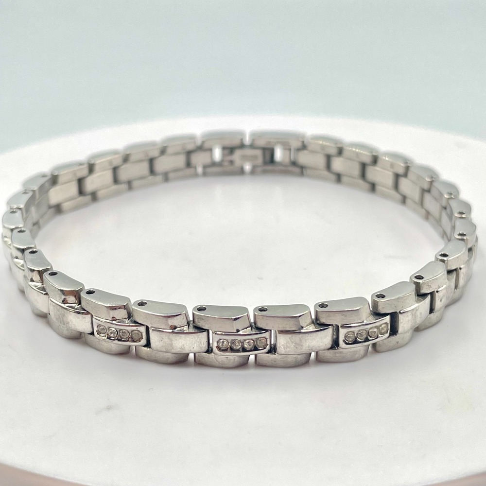Vintage Silver Tone Heavy Brick Link Bracelet Chunky Crystal Accented Box Clasp
